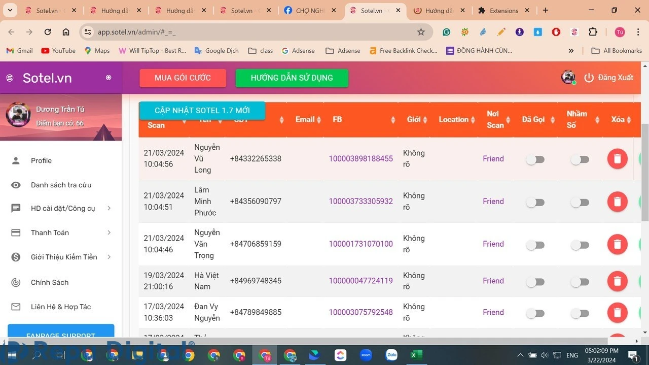 Mua phần mềm quét số điện thoại Facebook Sotel Pro 12 tháng