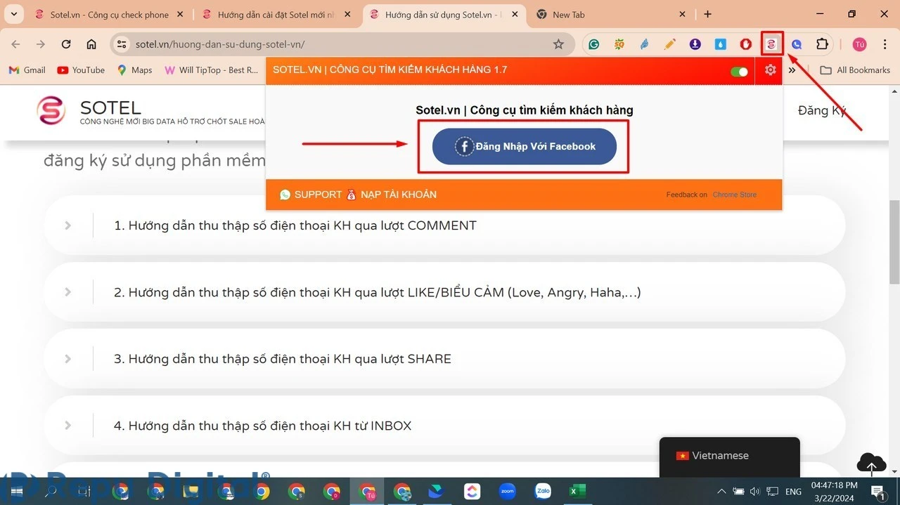 Mua phần mềm quét số điện thoại Facebook Sotel Pro 12 tháng