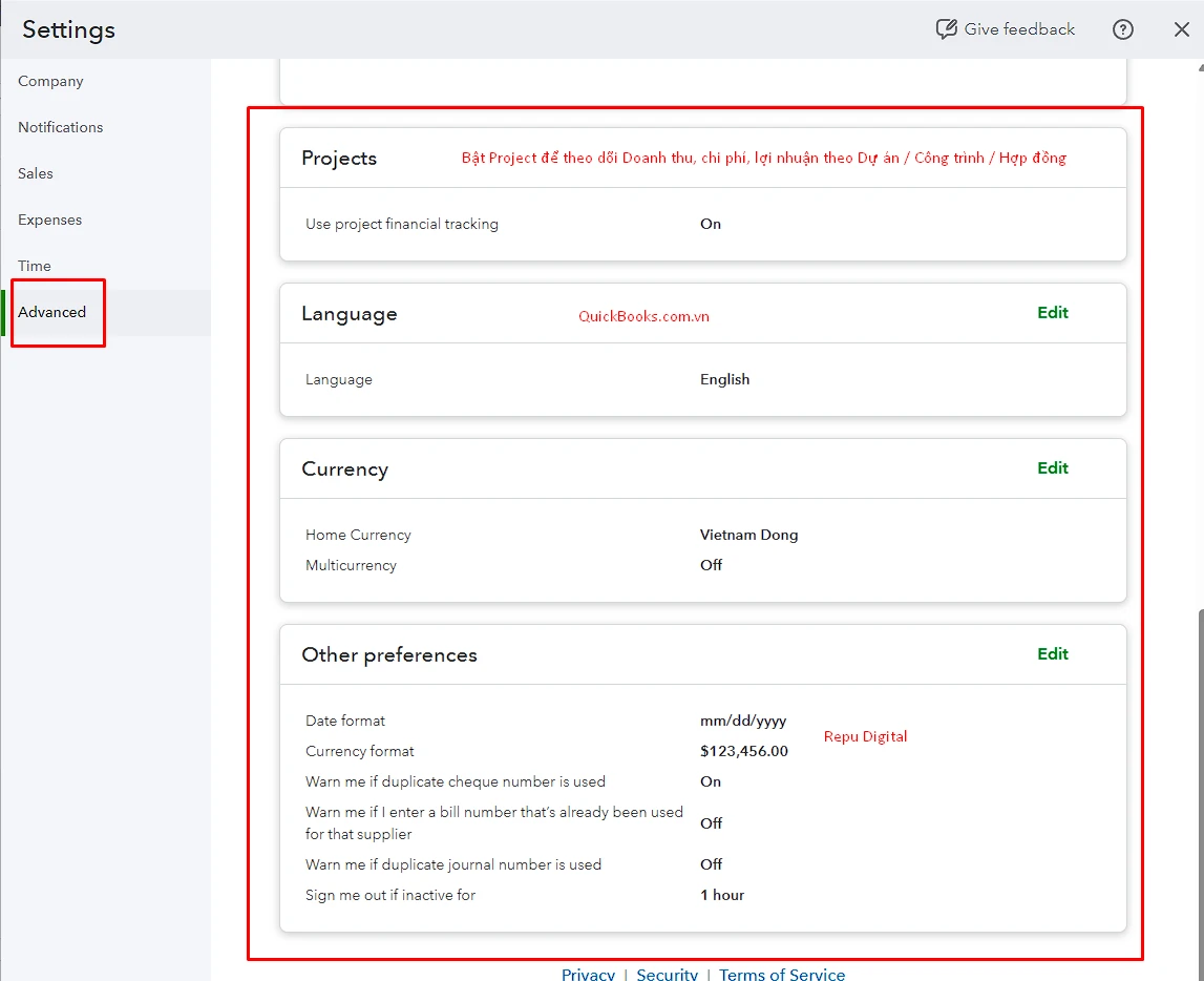 Cách thiết lập Cấu hình nâng cao trong QuickBooks - Phần 2 - QuickBooks Việt Nam & Repu