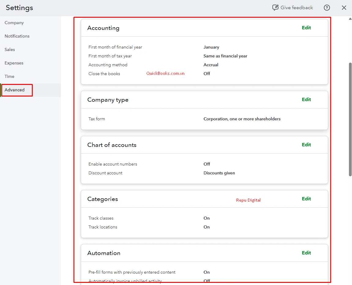 Cách thiết lập các cấu hình nâng cao trong QuickBooks - Phần 1 - QuickBooks Việt Nam & Repu