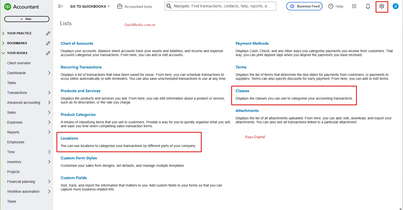 Hướng dẫn Thiết lập Phân loại (Classes) & Phân vùng (Locations) trong QuickBooks - QuickBooks Việt Nam & Repu