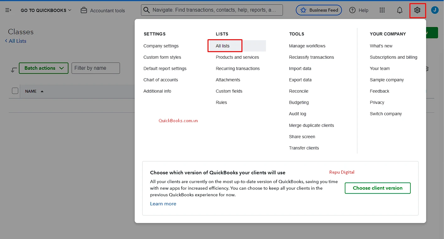 Hướng dẫn Thiết lập Phân loại (Classes) trong QuickBooks - QuickBooks Việt Nam & Repu