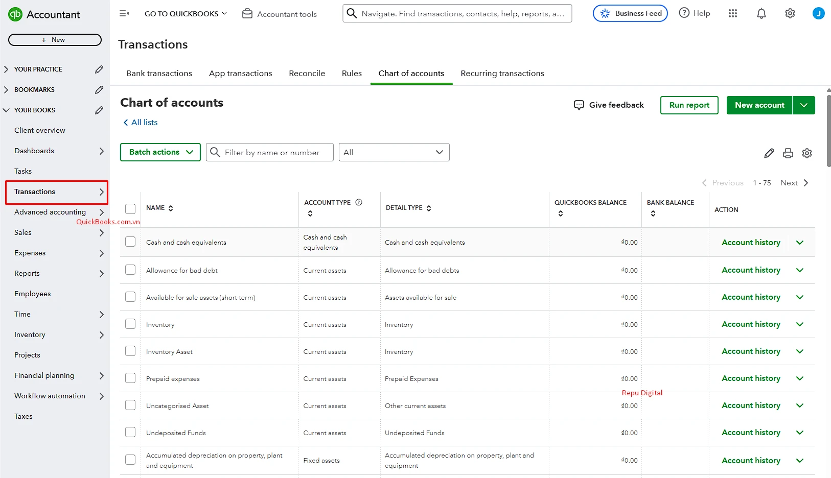 Hướng dẫn Thiết lập hệ thống Tài khoản trong QuickBooks-Chart of accounts-QuickBooks Việt Nam & Repu