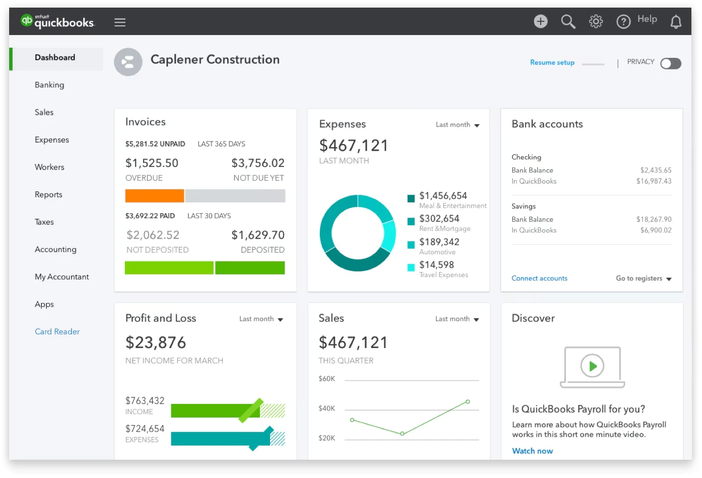 quickbooks là gì giao diện dashboard